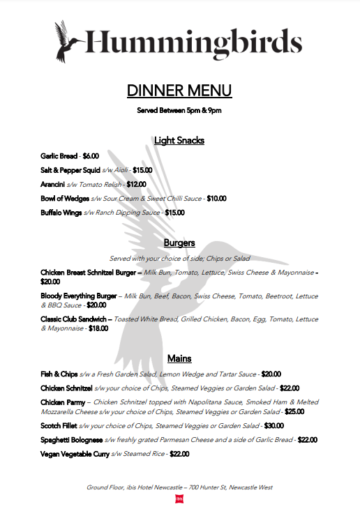 Menu, Hummingbirds Restaurant and Bar
