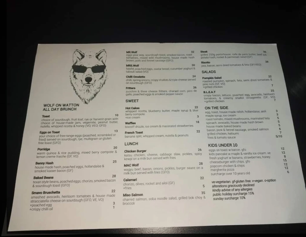 Menu, Wolf on Watton