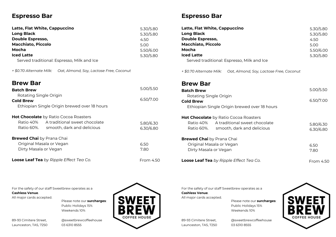 Menu, Sweetbrew Coffee House