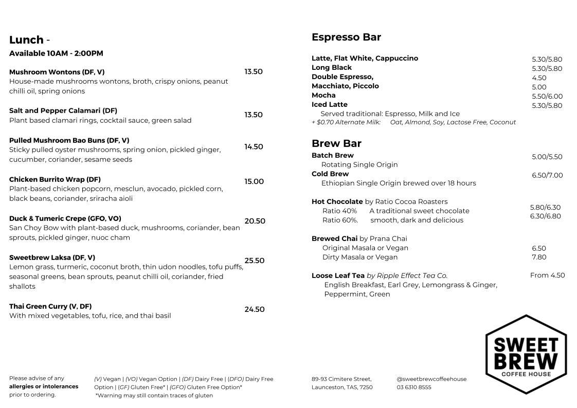 Menu, Sweetbrew Coffee House