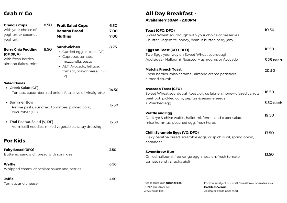 Menu, Sweetbrew Coffee House