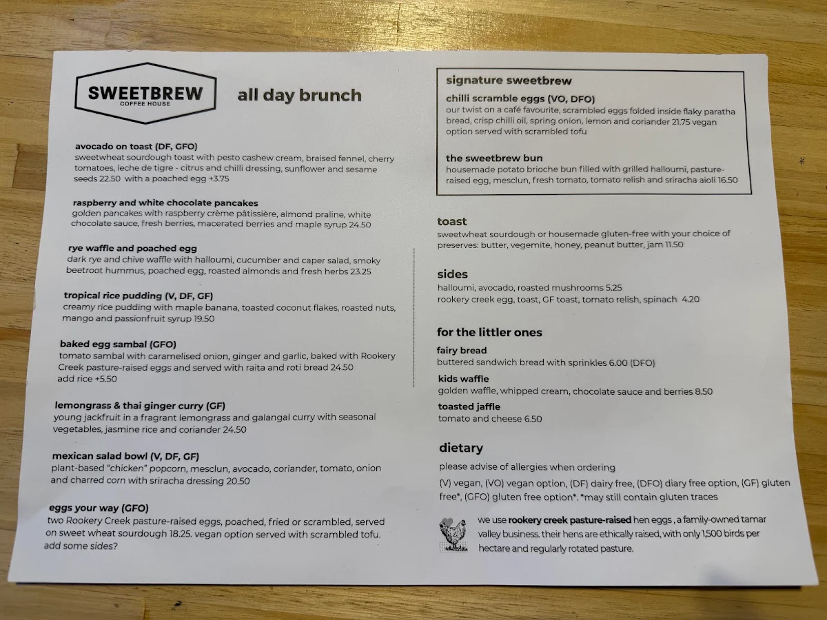 Menu, Sweetbrew Coffee House