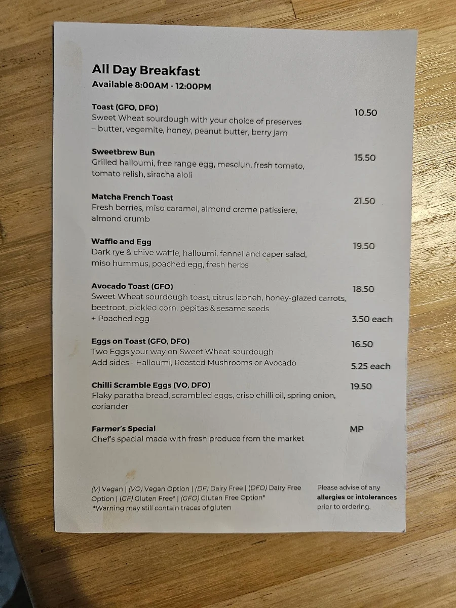 Menu, Sweetbrew Coffee House