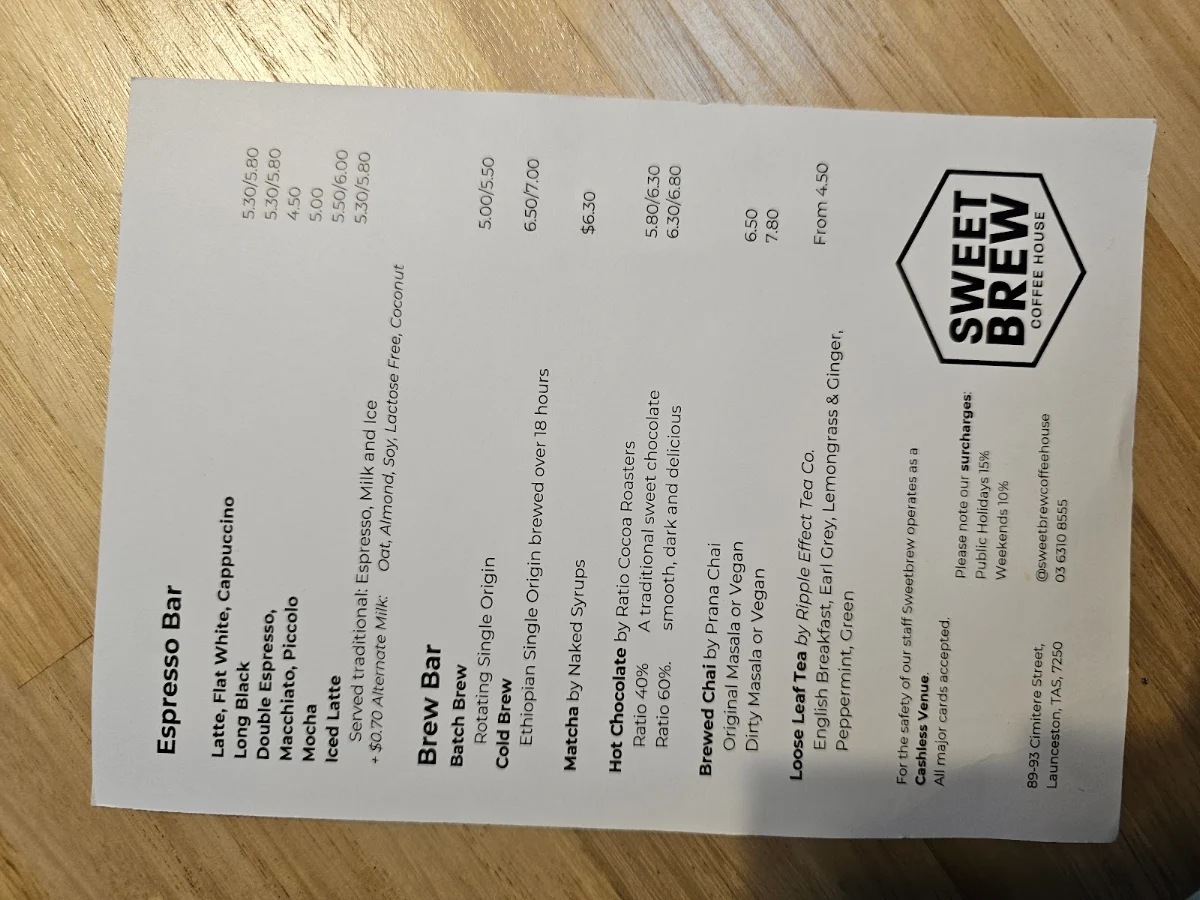 Menu, Sweetbrew Coffee House