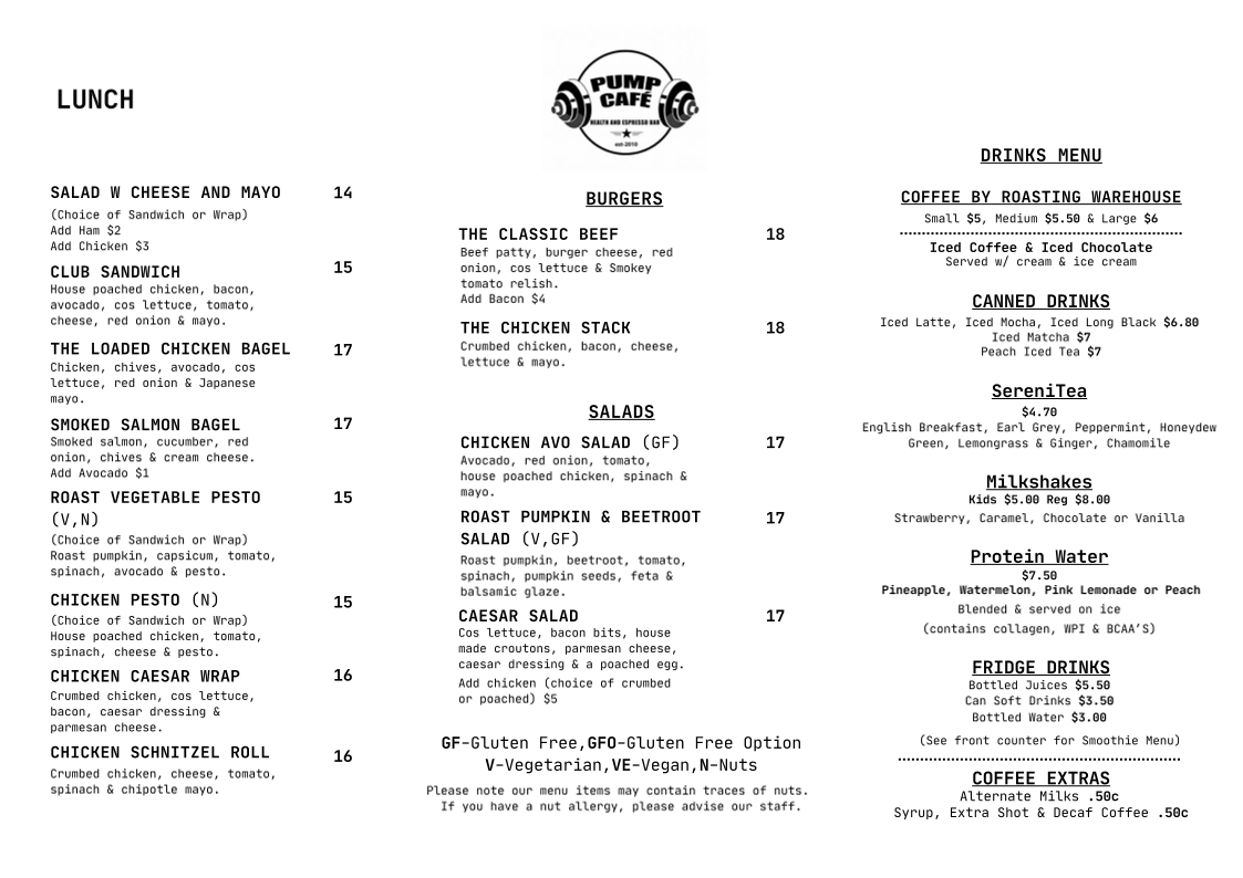 Menu, Pump Cafe