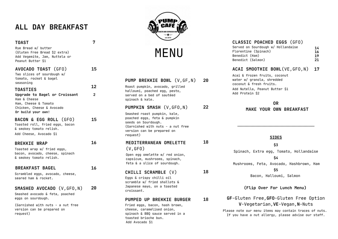 Menu, Pump Cafe