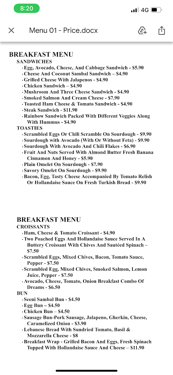 Menu, CAFE J&S