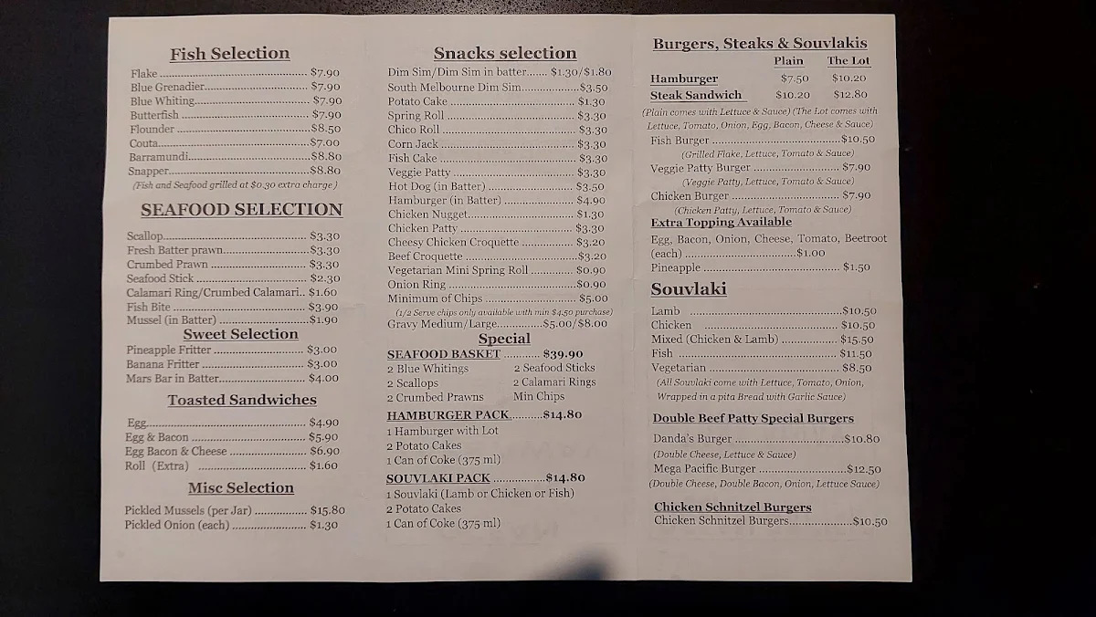 Menu, Ocean Pacific Takeaway