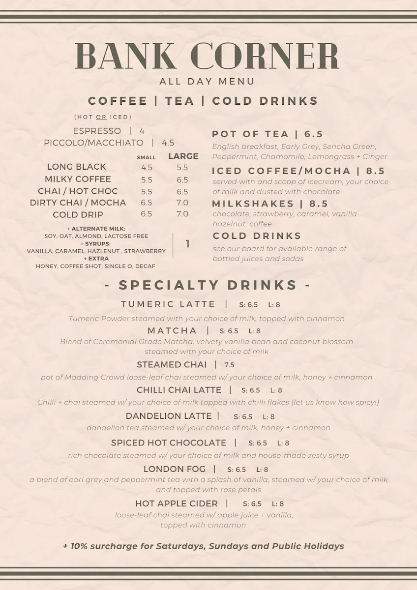 Menu, Bank Corner Espresso Bar
