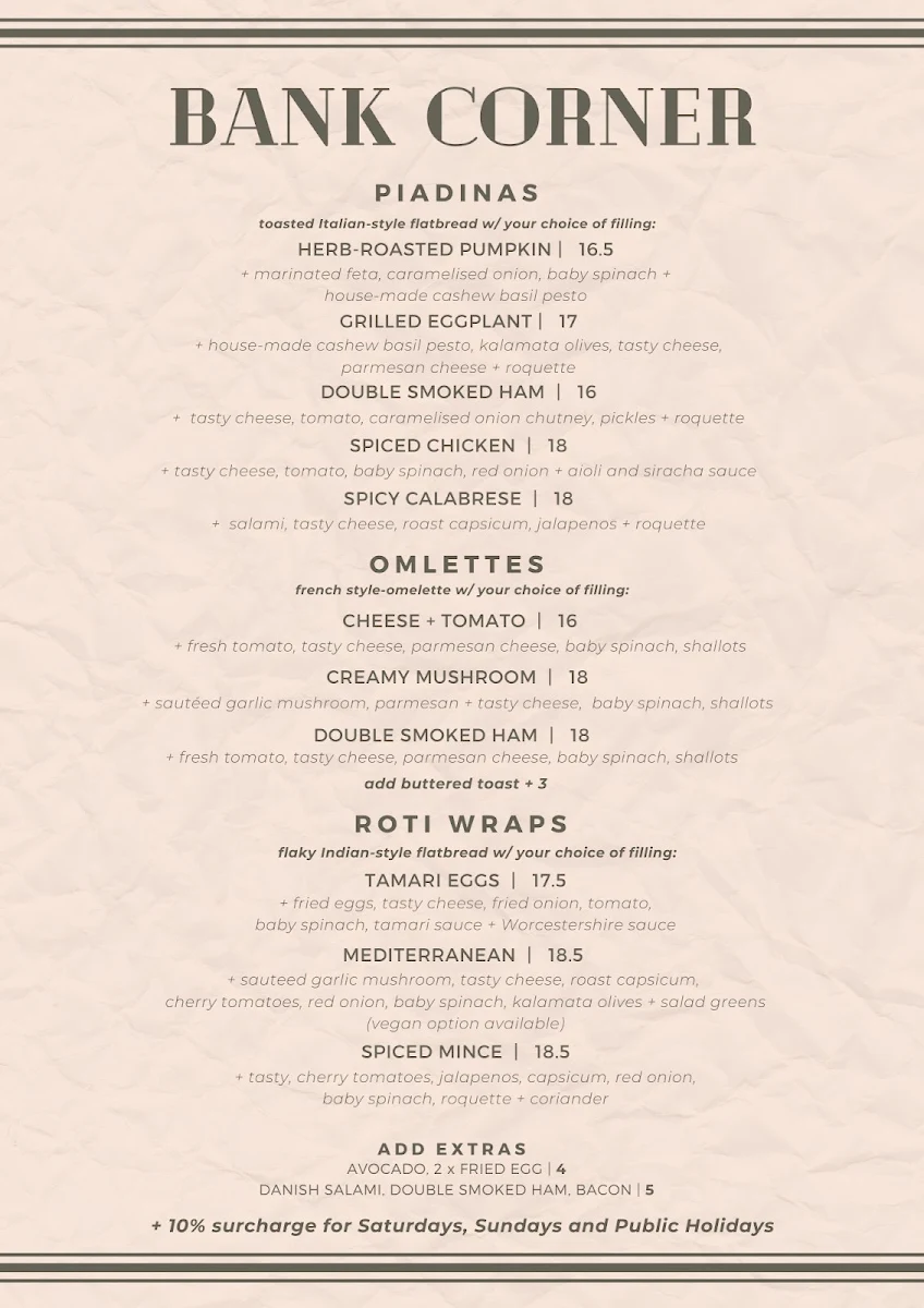 Menu, Bank Corner Espresso Bar