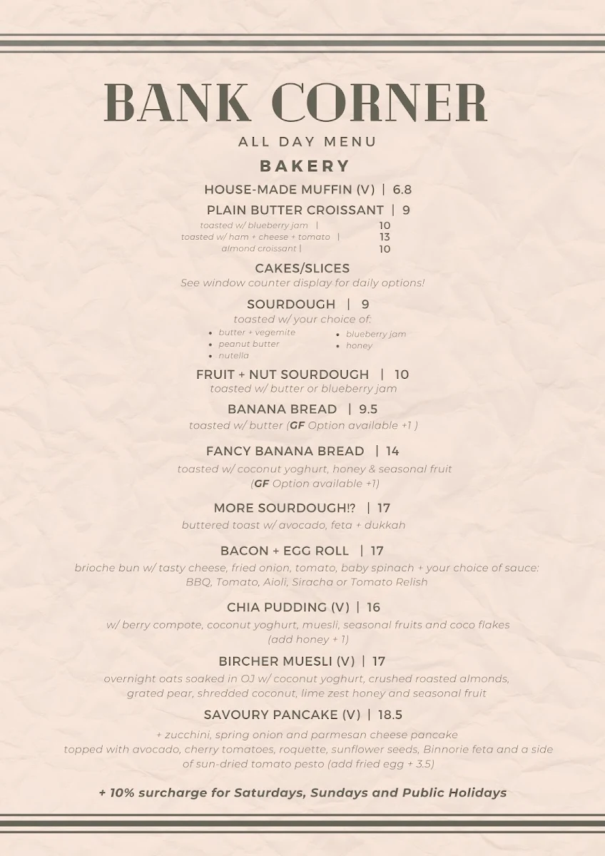 Menu, Bank Corner Espresso Bar