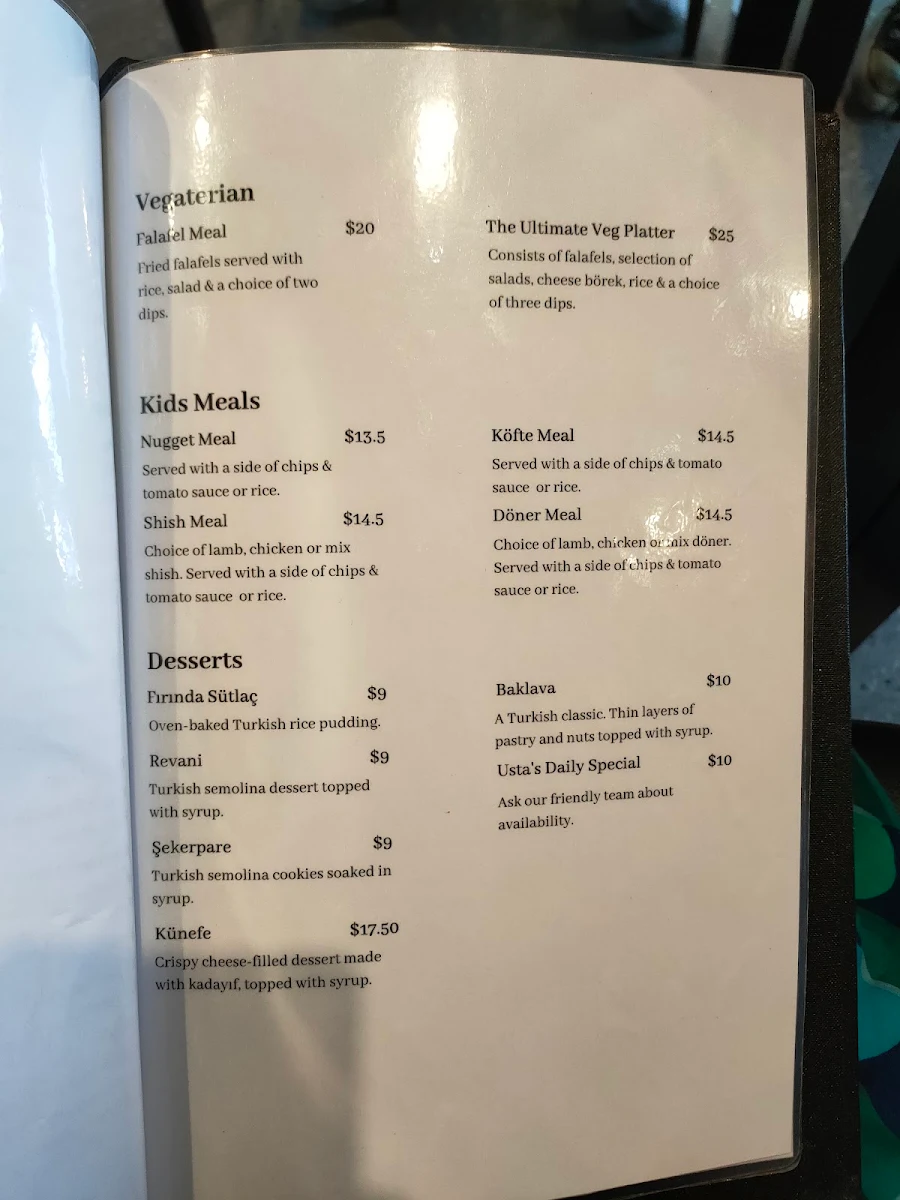 Menu, Usta Restaurant