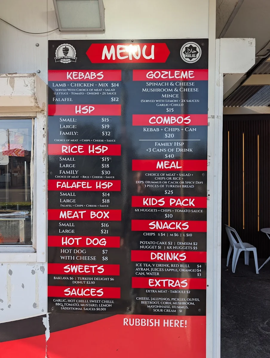 Menu, Tasty Toasted Kebabs
