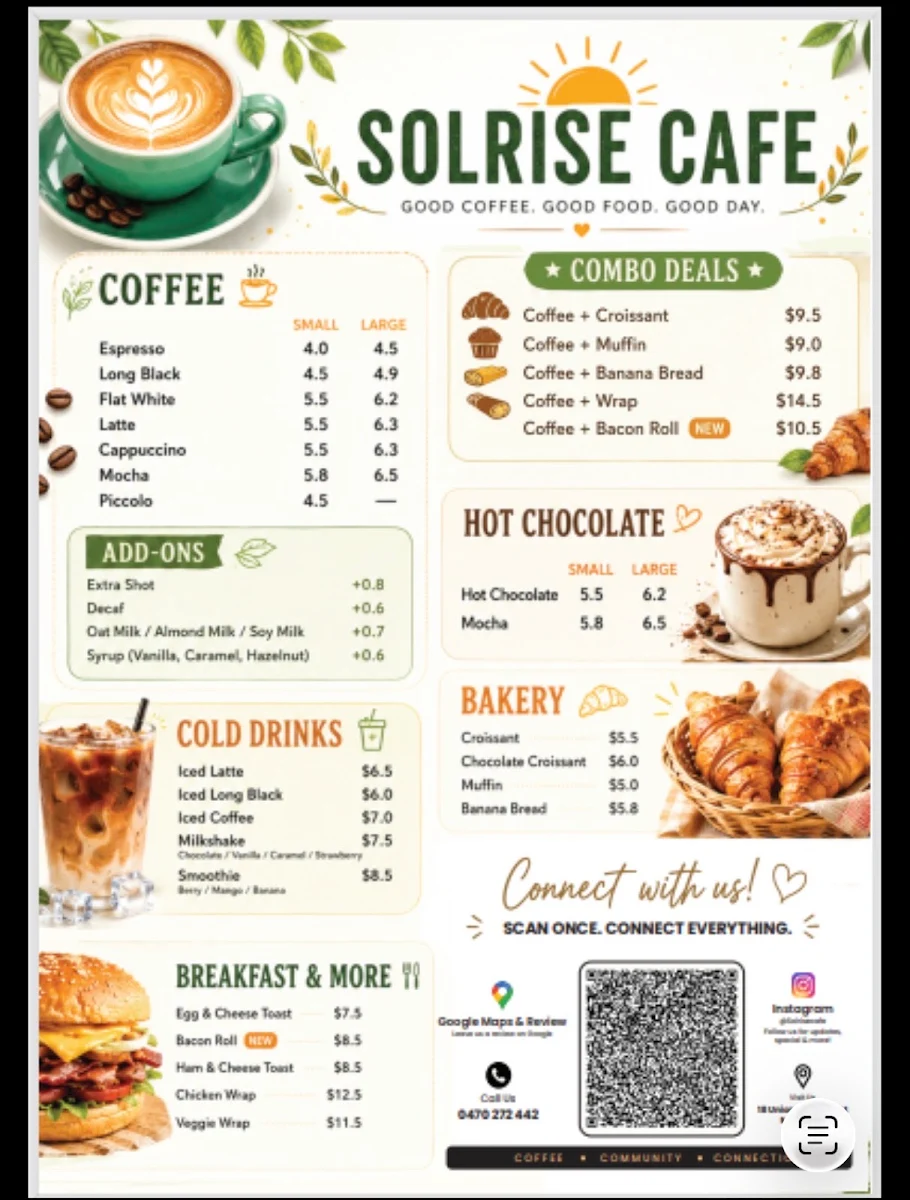 Menu, Solrise Cafe
