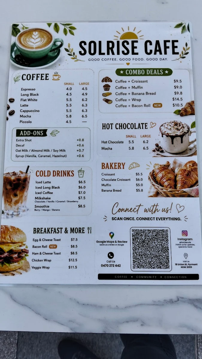 Menu, Solrise Cafe