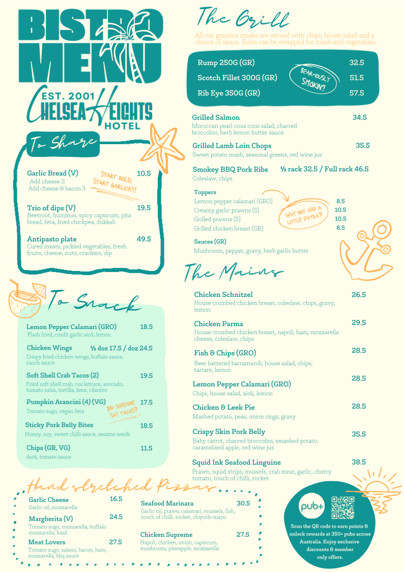 Menu, Chelsea Heights Hotel