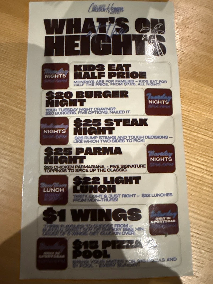 Menu, Chelsea Heights Hotel