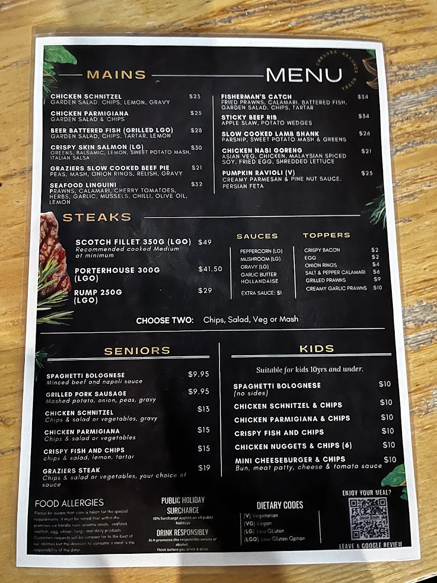 Menu, Chelsea Heights Hotel