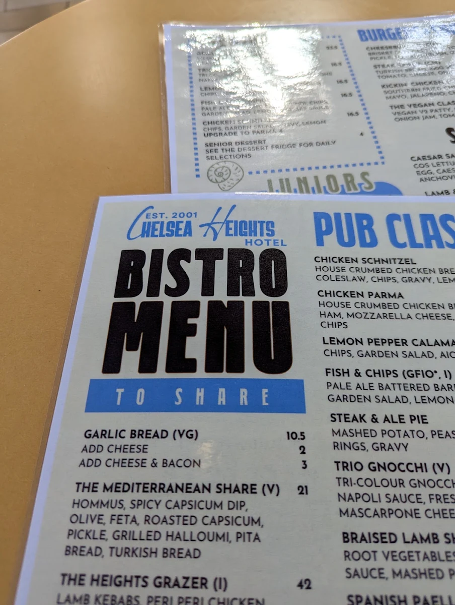 Menu, Chelsea Heights Hotel