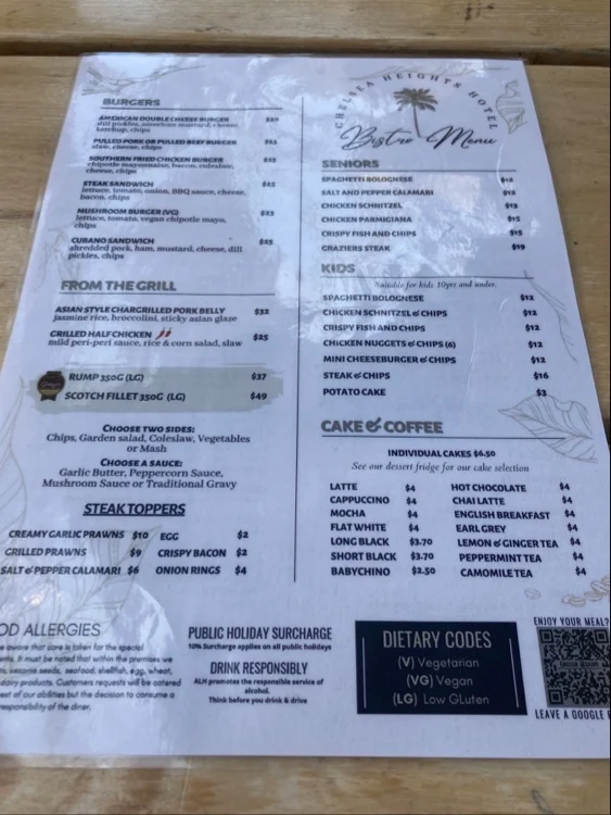 Menu, Chelsea Heights Hotel