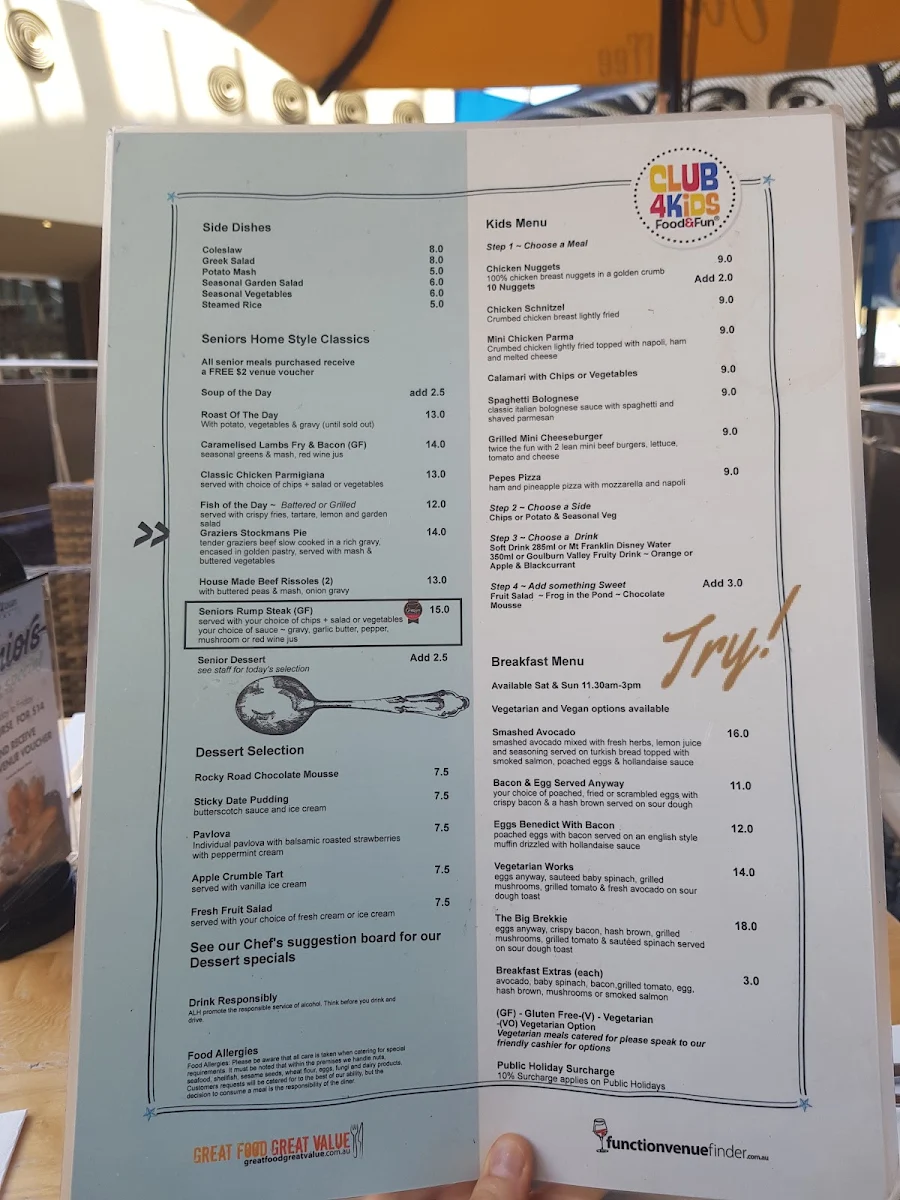 Menu, Chelsea Heights Hotel