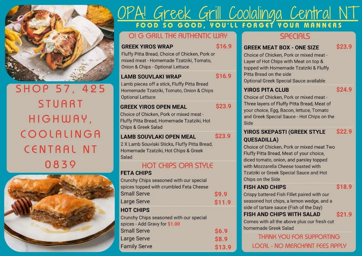 Menu, Opa! Greek Grill Coolalinga