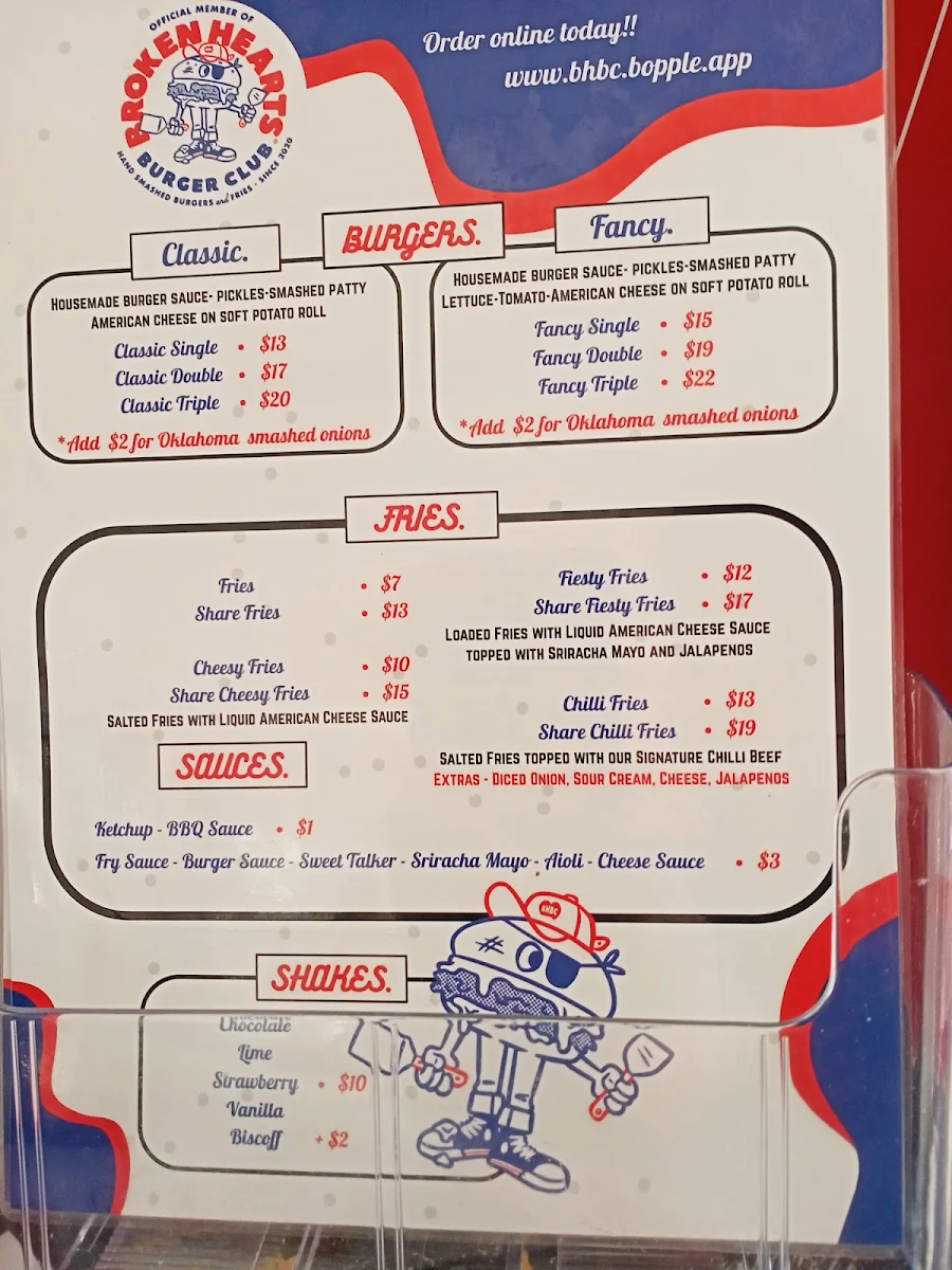 Menu, Broken Hearts Burger Club - West End