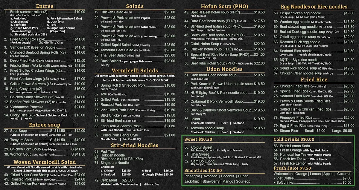 Menu, South Viet Pho O'Connor