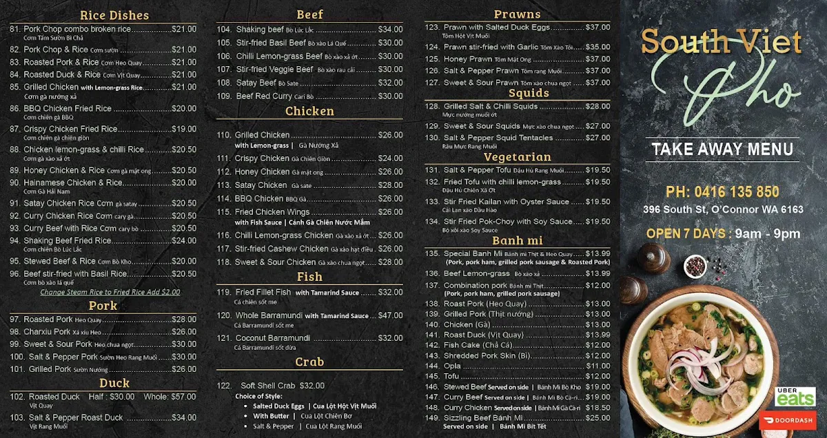 Menu, South Viet Pho O'Connor