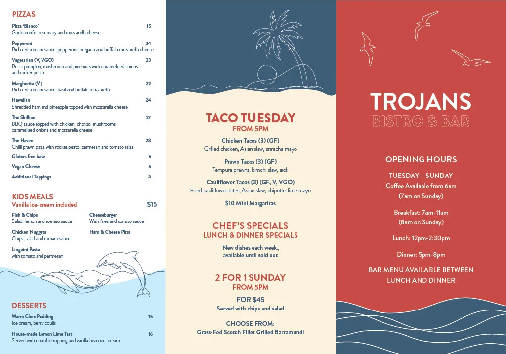 Menu, Trojans Bistro & Bar