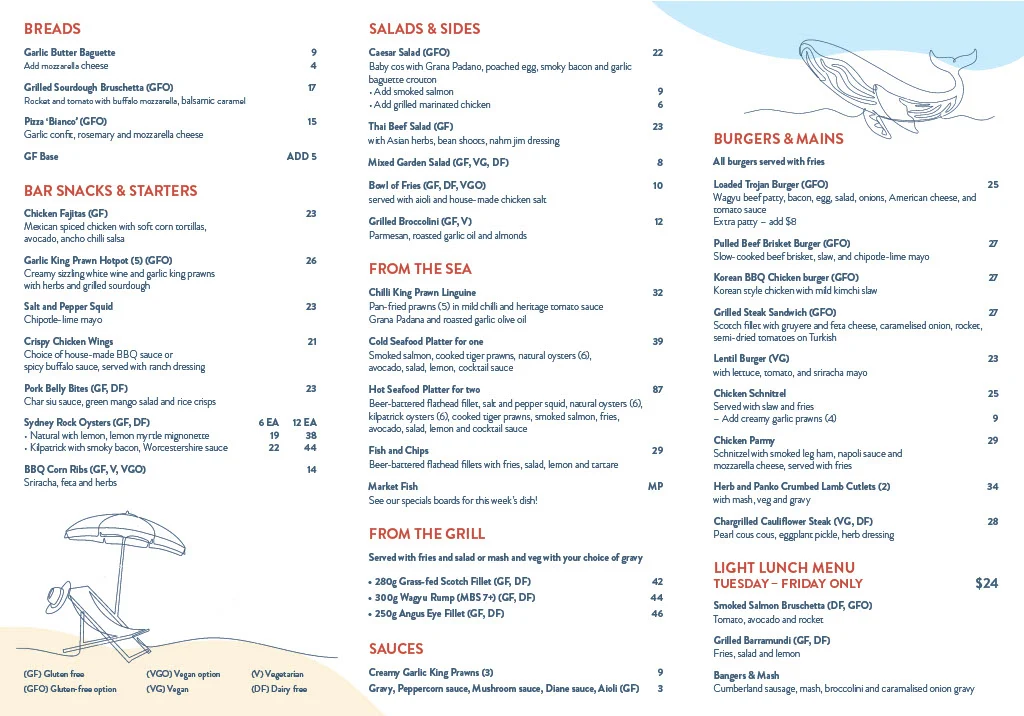 Menu, Trojans Bistro & Bar