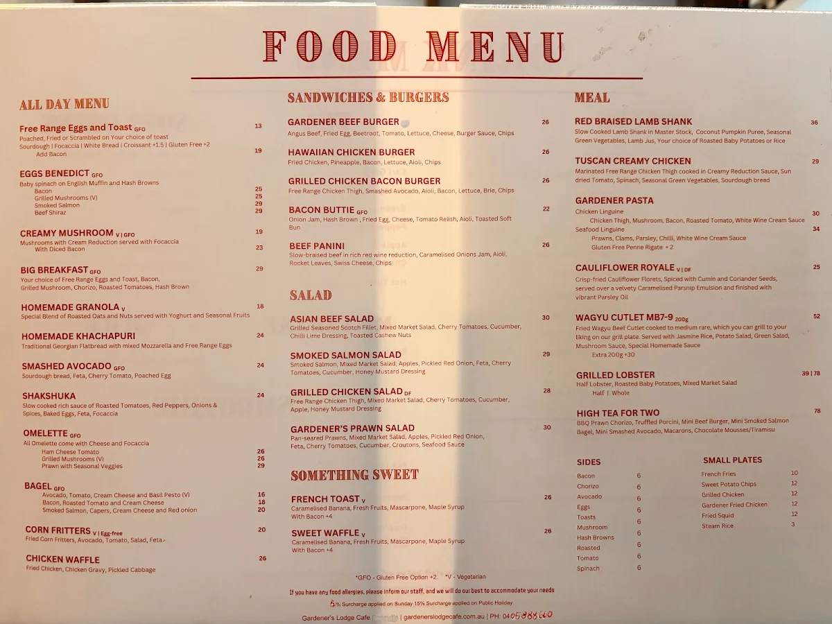 Menu, Gardener’s Lodge Cafe