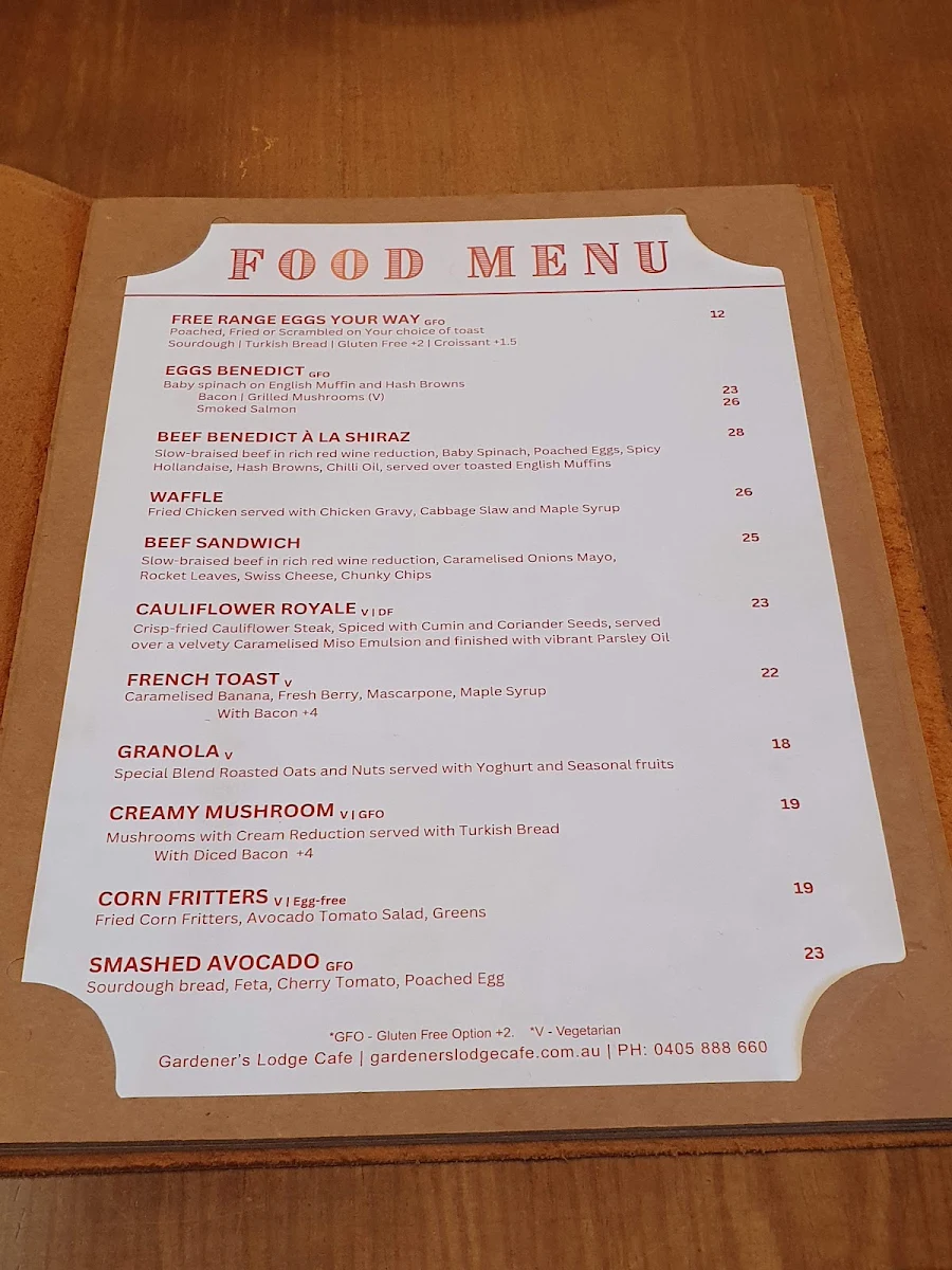 Menu, Gardener’s Lodge Cafe