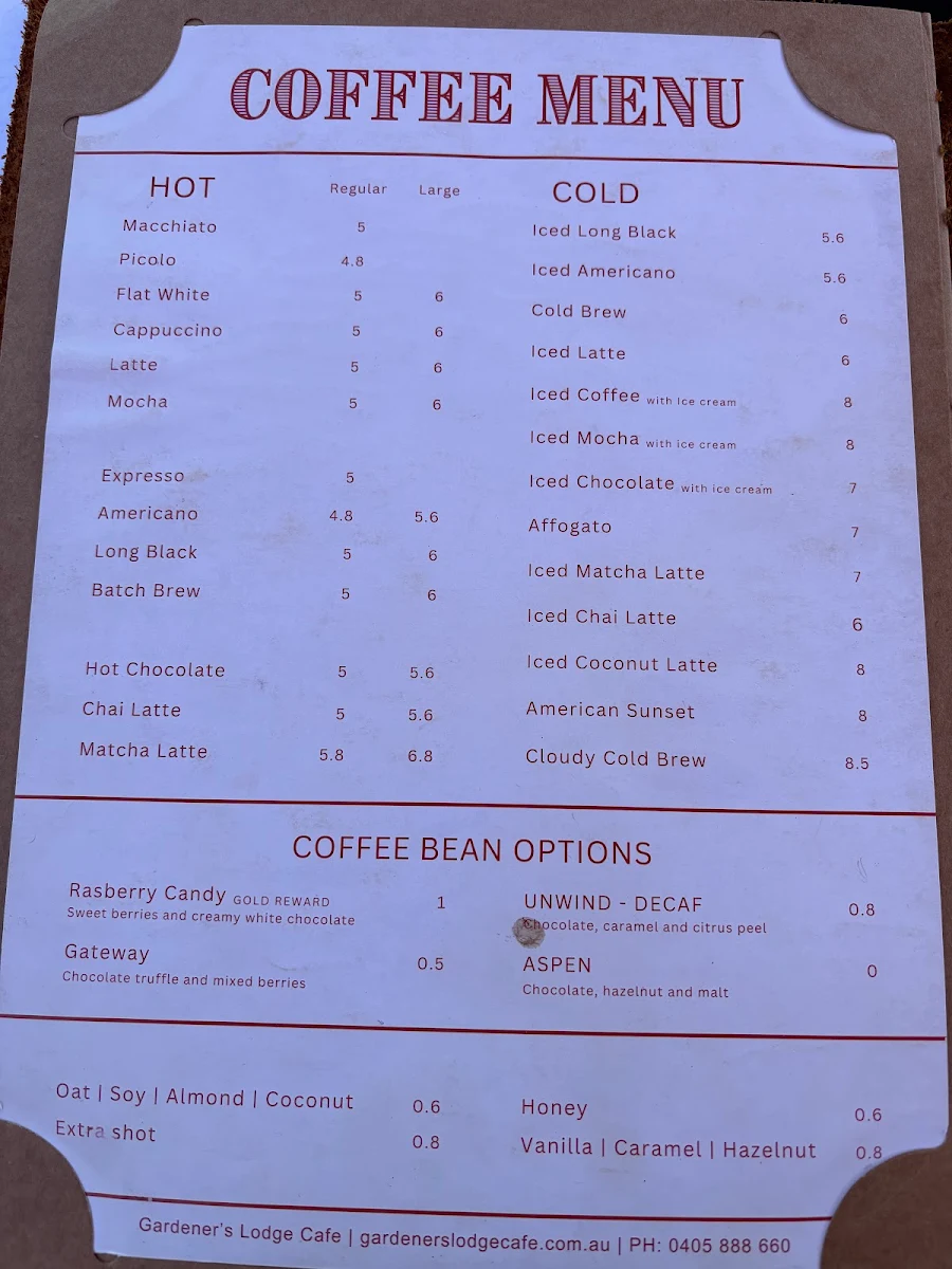 Menu, Gardener’s Lodge Cafe