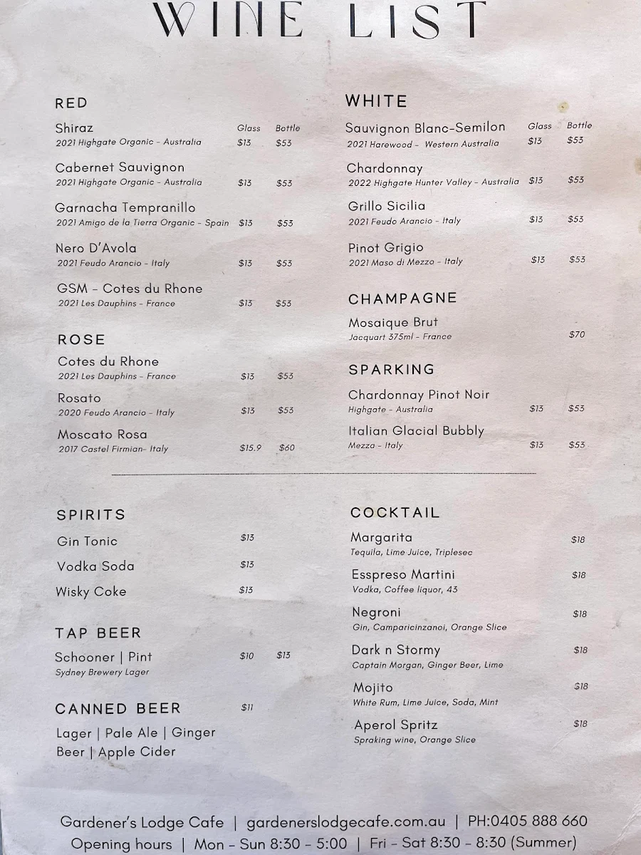 Menu, Gardener’s Lodge Cafe