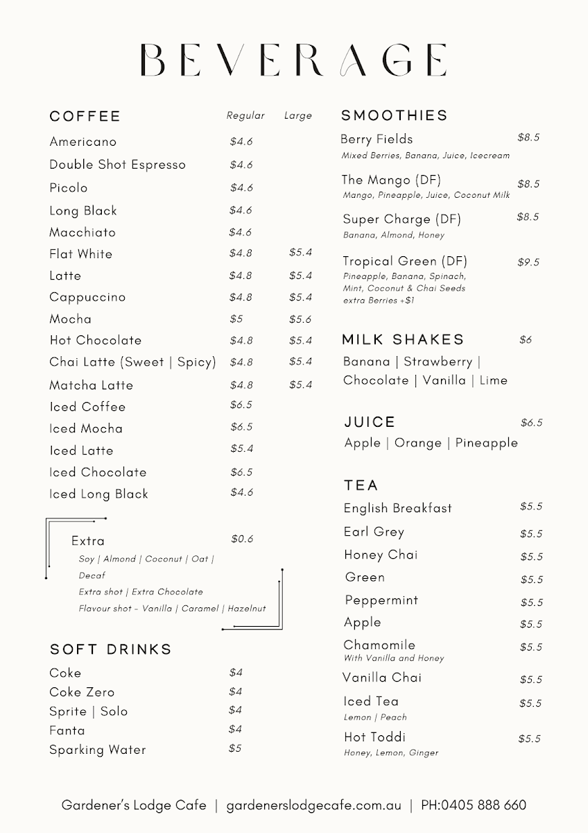 Menu, Gardener’s Lodge Cafe