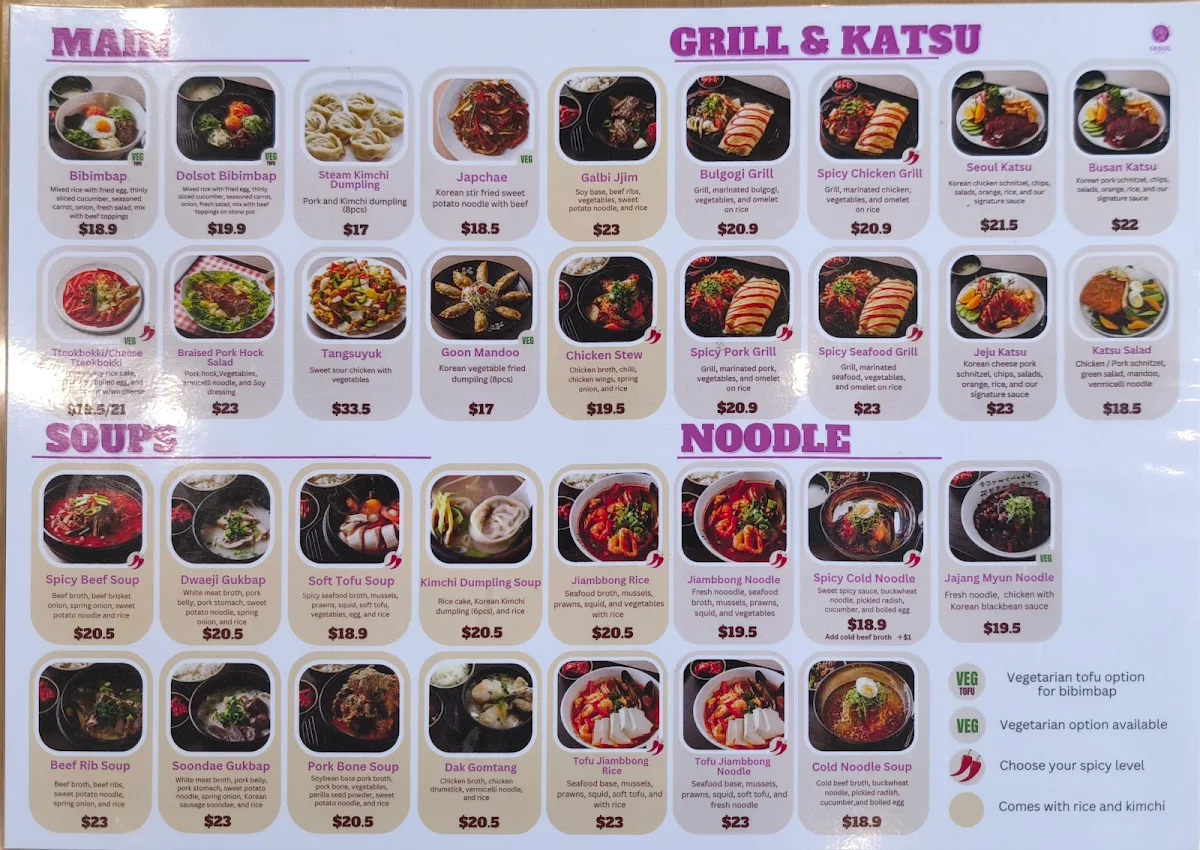 Menu, Seoul Express Gilles Plains