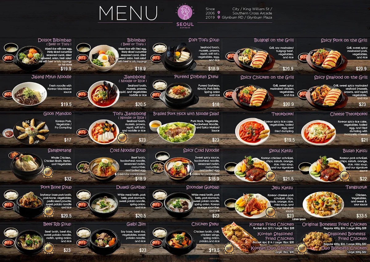Menu, Seoul Express Gilles Plains