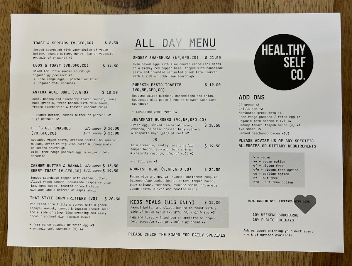 Menu, Heal.Thy Self Co ️