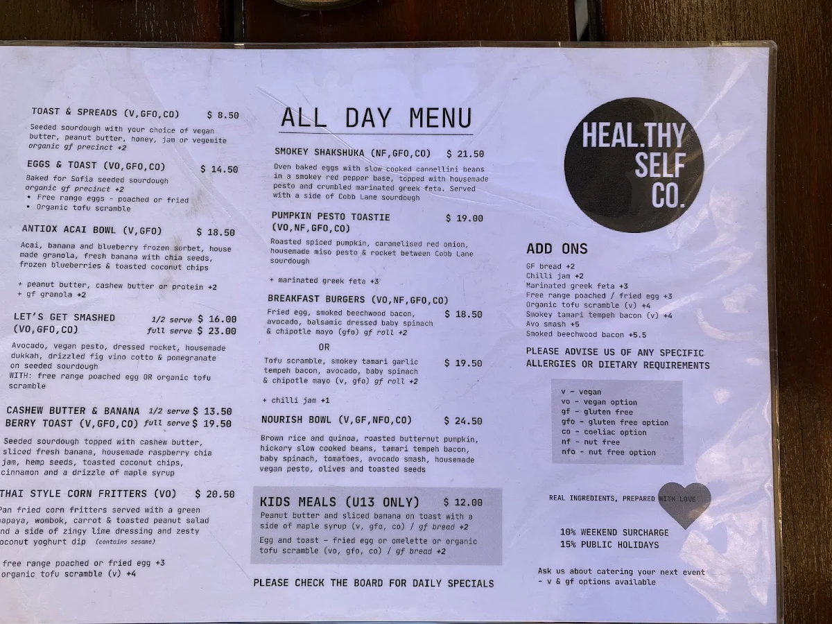 Menu, Heal.Thy Self Co ️