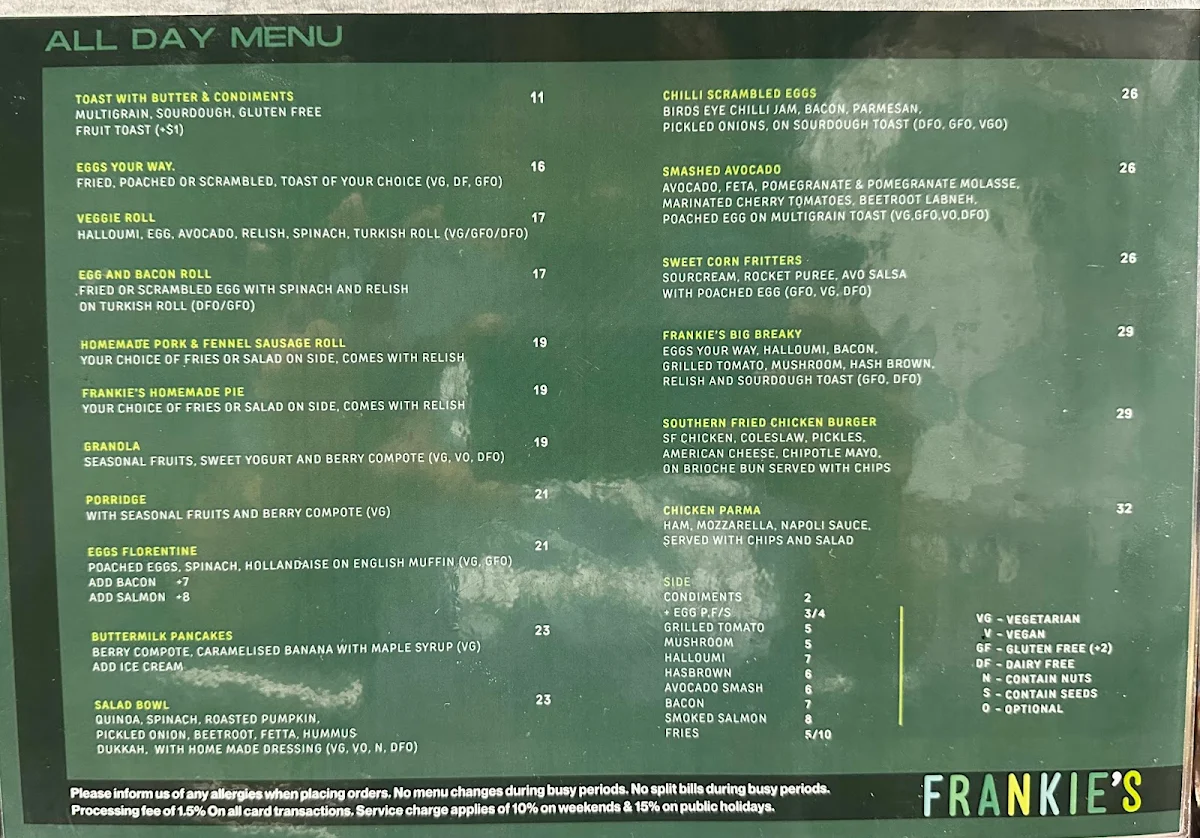 Menu, Frankie's Top Shop.