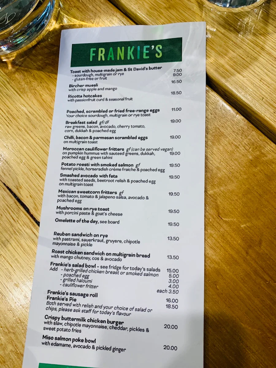 Menu, Frankie's Top Shop.