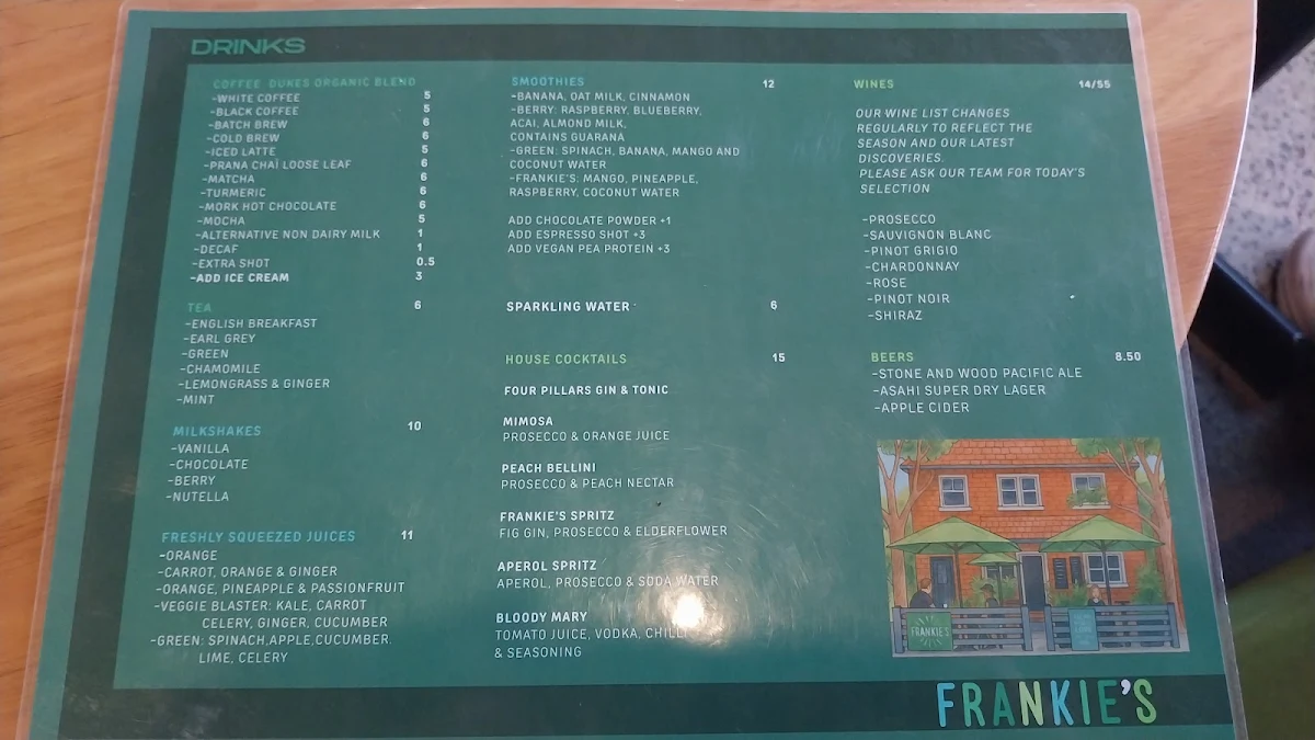 Menu, Frankie's Top Shop.