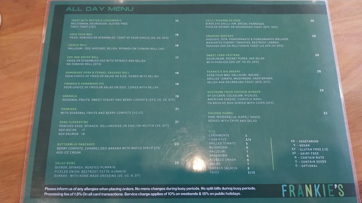 Menu, Frankie's Top Shop.