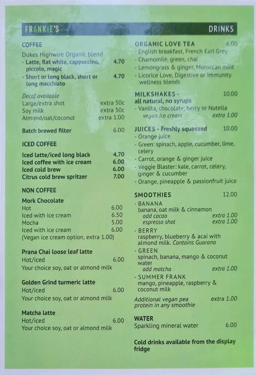 Menu, Frankie's Top Shop.