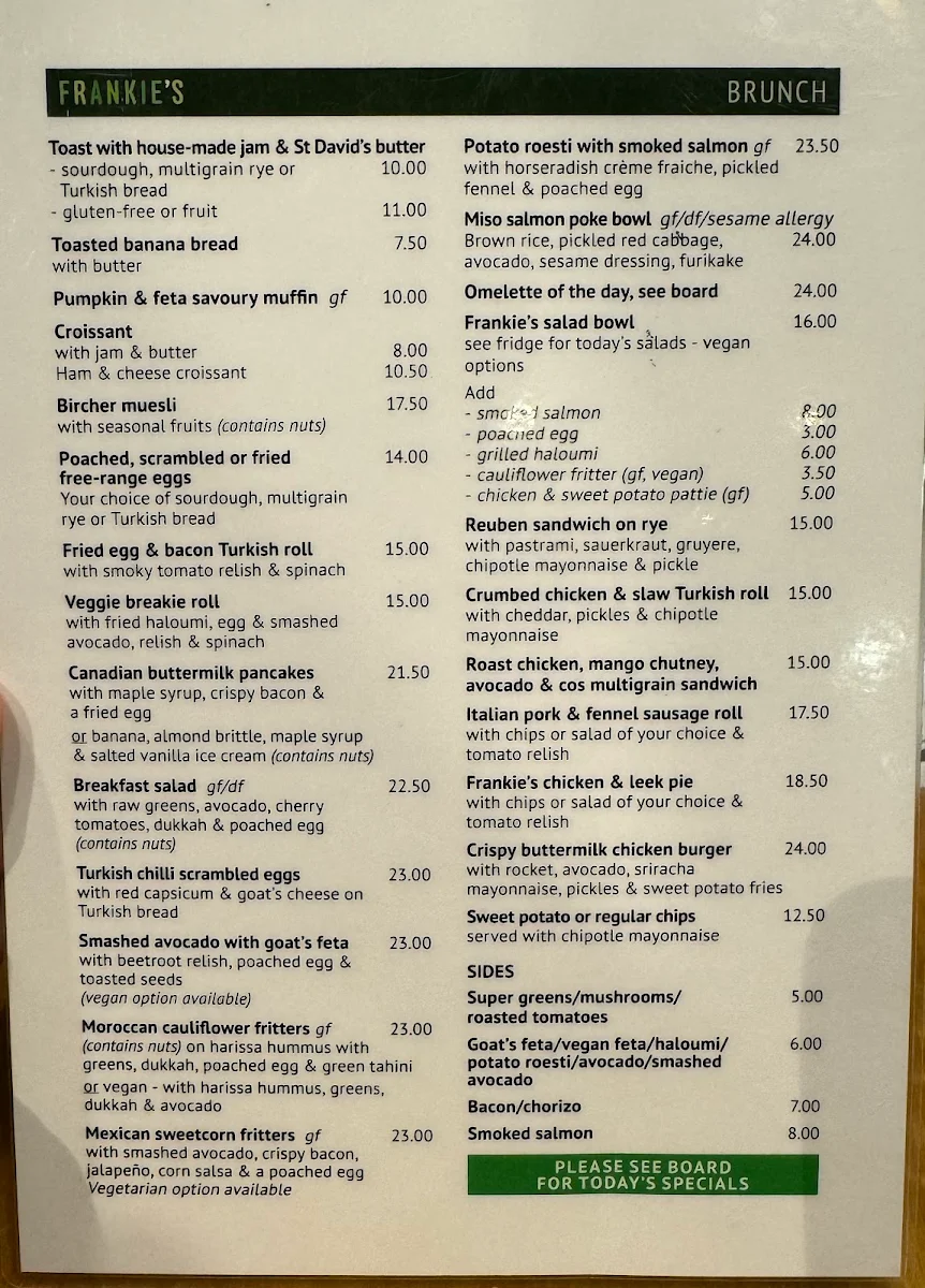 Menu, Frankie's Top Shop.