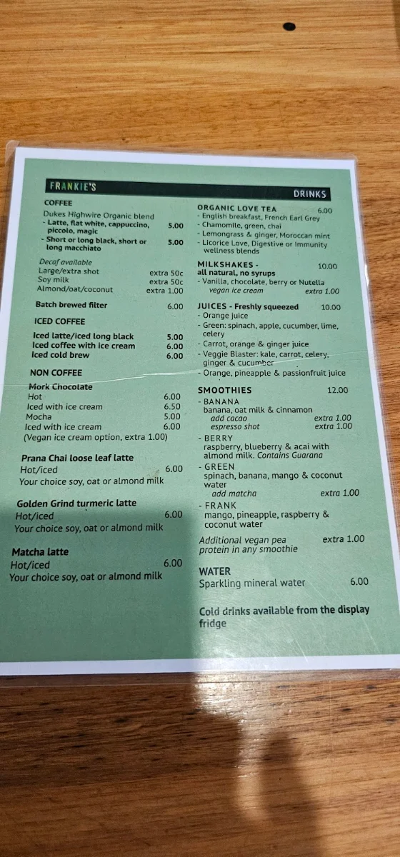 Menu, Frankie's Top Shop.