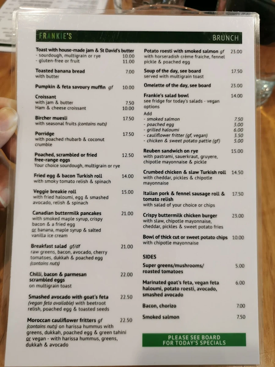 Menu, Frankie's Top Shop.