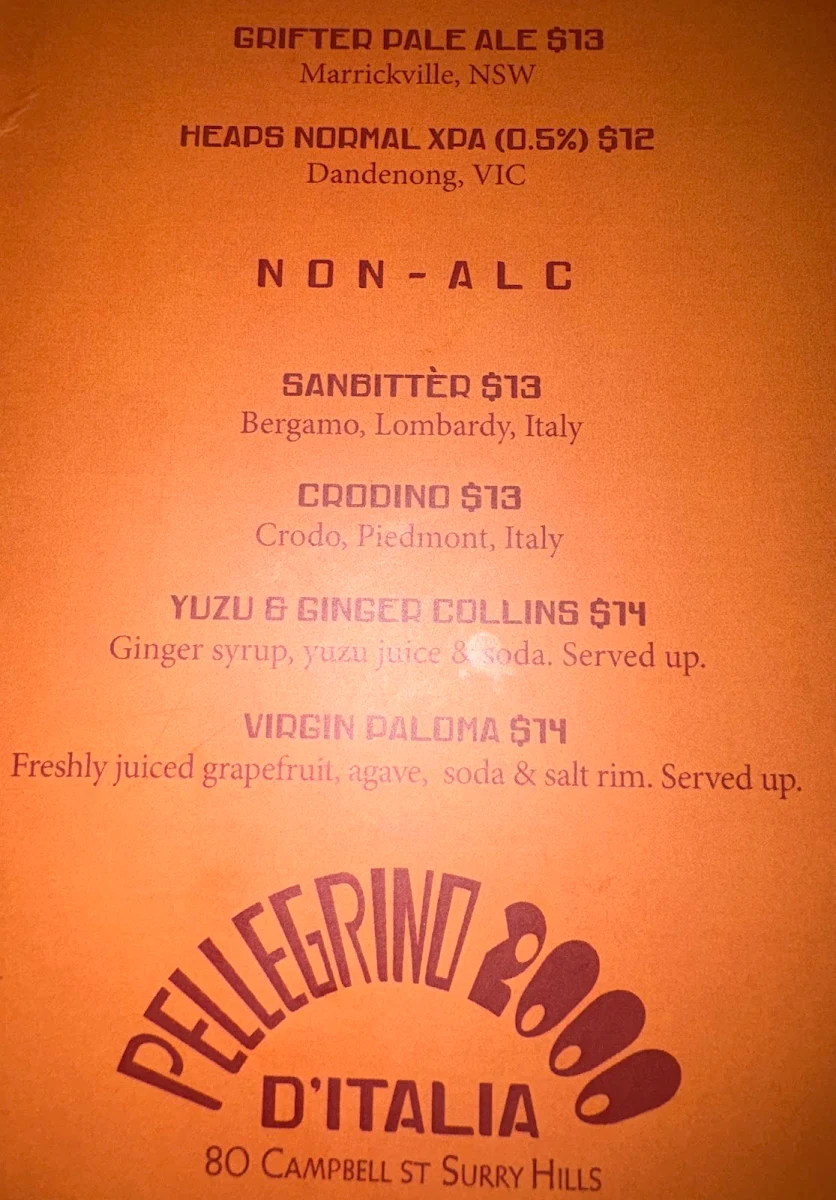 Menu, Pellegrino 2000