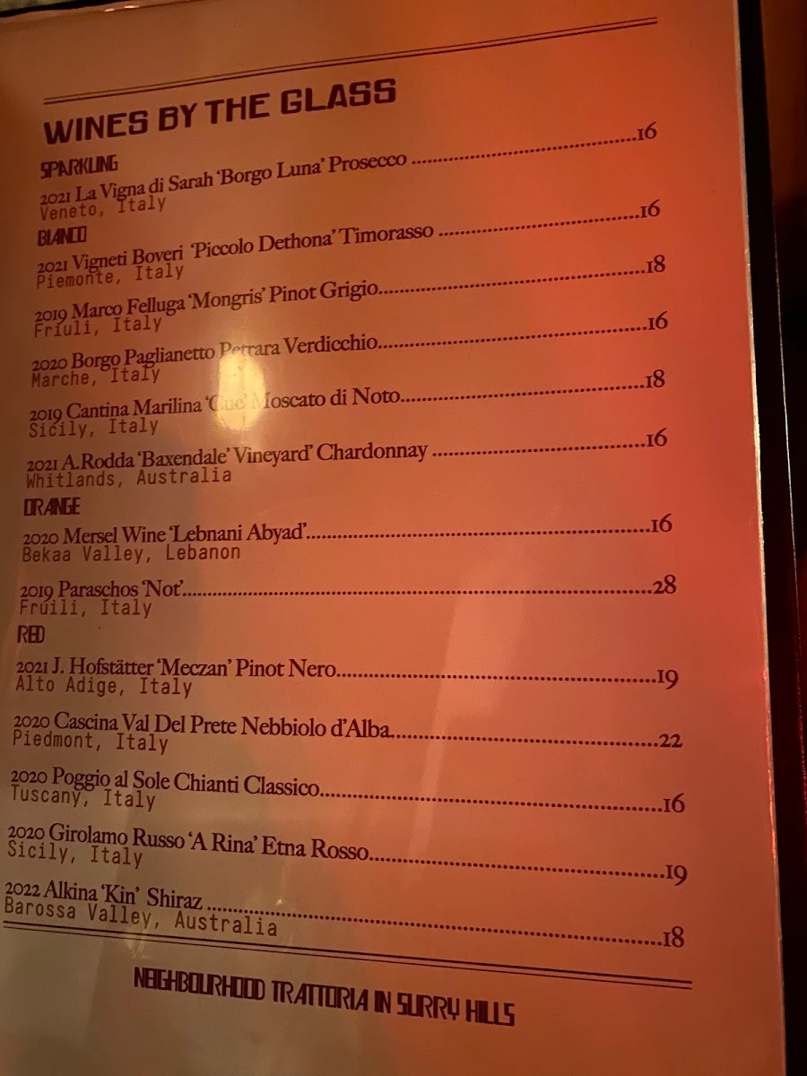 Menu, Pellegrino 2000